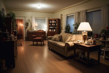 Wall Mural - wide shot of a simple but cozy nursing home living room