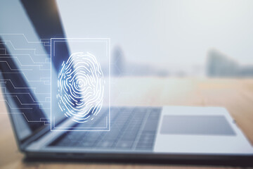 Aufkleber - Multi exposure of abstract creative fingerprint illustration on modern laptop background, digital access concept