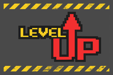 Poster - Level up .Pixel 8-bit yellow and red level up on old metal background
