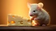 A close-up side view of a small adorable mouse with whiskers, paws, and fur, feasting on a wedge of appetizing cheese. Soft lighting creates a warm and cozy ambiance, highlighting the cute and innoce
