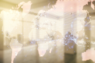 Poster - Double exposure of abstract digital world map on empty modern office background, research and strategy concept