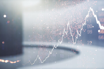 Poster - Multi exposure of virtual abstract financial chart hologram and world map on empty modern office background, research and analytics concept
