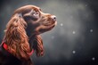 Photography in the style of pensive portraiture of a cute cocker spaniel wearing a snood against a metallic silver background. With generative AI technology