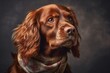 Photography in the style of pensive portraiture of a happy cocker spaniel wearing a cooling bandana against a metallic silver background. With generative AI technology