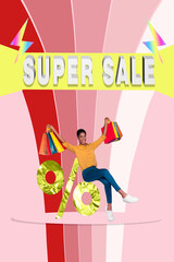 Sticker - Vertical collage picture of excited funky person hands hold shopping bags sit huge percent symbol super sale isolated on creative background