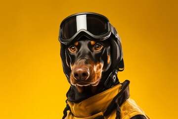 Wall Mural - Medium shot portrait photography of a funny doberman pinscher wearing a ski suit against a beige background. With generative AI technology