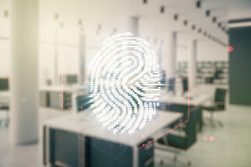 Poster - Multi exposure of virtual creative fingerprint hologram on modern corporate office background, personal biometric data concept