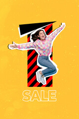 Poster - Vertical collage image of overjoyed funky girl jumping enjoy limited time only sale offer isolated on yellow background