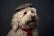 Photography in the style of pensive portraiture of a smiling komondor dog wearing a beret against a cool gray background. With generative AI technology