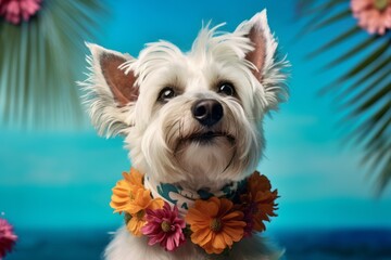 Canvas Print - Close-up portrait photography of a cute lowchen dog wearing a floral collar against a tropical teal background. With generative AI technology