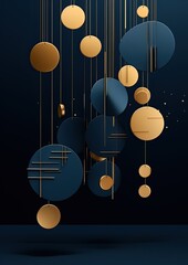 Wall Mural - Invitation of Stylized Blue and Gold Discs of different Sizes Hanging From Gold Threads