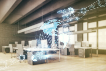 Aufkleber - Abstract virtual robotics technology hologram with globe sketch on a modern furnished office background. Robot development and automation concept. Multiexposure