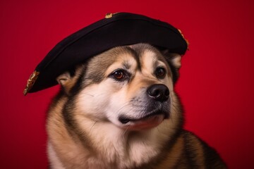 Canvas Print - Medium shot portrait photography of a cute akita wearing a pirate hat against a ruby red background. With generative AI technology