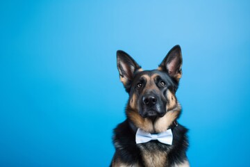 Wall Mural - Photography in the style of pensive portraiture of a cute german shepherd wearing a tuxedo against a sapphire blue background. With generative AI technology