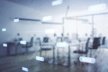 Aufkleber - Double exposure of abstract creative programming illustration on a modern furnished office interior background, big data and blockchain concept