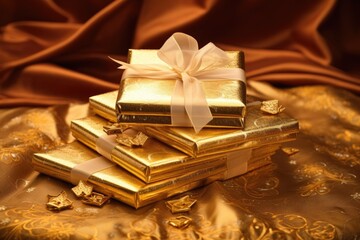 Wall Mural - a golden gift envelope on top of a pile of gifts