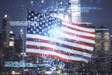 Poster - Double exposure of abstract virtual creative code skull hologram on USA flag and blurry skyscrapers background. Malware and cyber crime concept