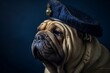 Photography in the style of pensive portraiture of a cute chinese shar pei dog wearing a pirate hat against a sapphire blue background. With generative AI technology