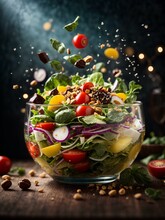 Delicious Healthy Salad, Floating, Made With Nutritious Ingredients, Leafy Greens, Vegetables, Fruits, Nuts, Seeds,  Dressing, Cinematic Ads Photo