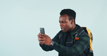 Poster - phone, fail and black man hiking in studio with network, search or connection problem on grey backgr