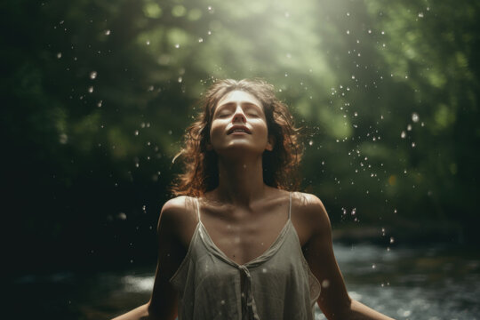 young woman feeling relieved in beautiful green nature, enjoying the rain, breathing the fresh air