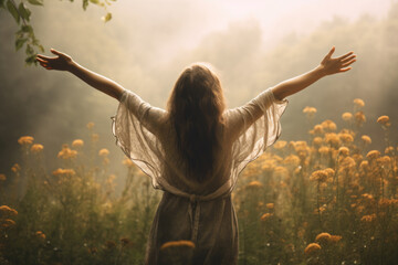 Wall Mural - Happy carefree woman standing in the wildflower meadow with opened arms, back view