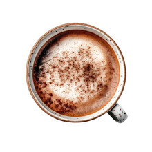 Top View Of Hot Coffee Cappuccino Blue Cup Or Hot Drink Cocoa With Milk Foam And Cinnamon Powder On Blue And White Color Saucer Isolated On Transparent Background