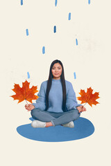 Sticker - Vertical creative composite photo collage of focused woman hold maple leaves in fingers meditate in under rain isolated drawing background