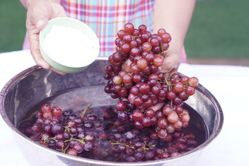 Woman hands wash grape fruits, using baking soda powder. Concept, cleaning fruits. How to wash grapes for cleanliness and safety before eating. Wash and soak in baking soda water at least 20 minutes. 