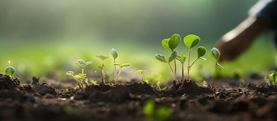 Canvas Print - Farmer cultivating plants in field and garden with pansy seedlings representing agriculture and plant life