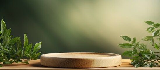 Poster - Sleek wooden tray on green counter with sunlight and leaf shadow for product display