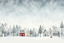 Christmas Background With In Small Village During Snowing And Copy Space For Text.