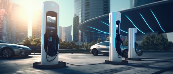 Wall Mural - Modern fast electric vehicle chargers station in city, Generative AI