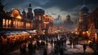 Enchanted Cityscape: Bustling Christmas Market with Twinkling Lights and Festive Stalls in 8K created with generative ai technology