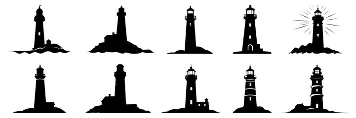 Wall Mural - Lighthouse silhouettes set, large pack of vector silhouette design, isolated white background