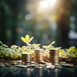 stacks of coins on grass with root on blur background investment in ecology