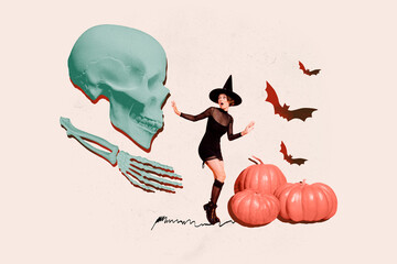 Wall Mural - Creative abstract template collage of amazed afraid attractive female witch human skull hand skeleton halloween party decoration pumpkins
