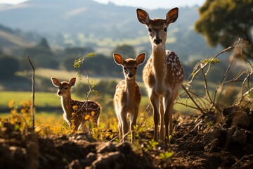 Family of deer grazing peacefully in a meadow, Generative AI