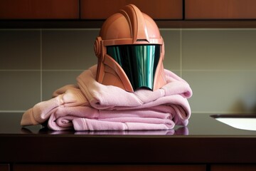 Poster - a helmet on top of a stack of clean towels