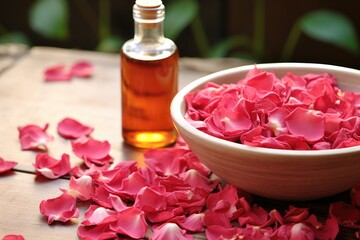 Wall Mural - bowl of rose petals next to rose-scented oil bottle