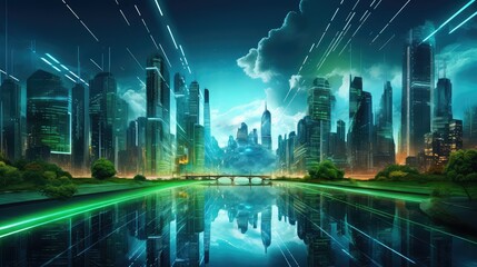 Wall Mural - modern futuristic night city illustration light scape, digital building, future street modern futuristic night city