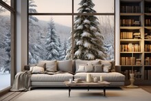 Stunning View From The Living Room Of The Winter Landscape With Snow-covered Trees Creating A Picturesque And Fabulous Atmosphere Of Christmas And The Holiday Season.