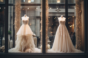 A bridal salon with a beautiful wedding dress displayed on a mannequin exuding elegance and romance.