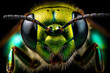 Extreme Closeup of Microscopy a bee portrait with full of hair, isolated on green nature background.