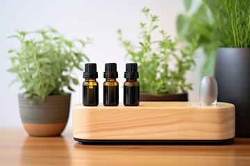 Wall Mural - a diffuser with essential oils on a wooden shelf