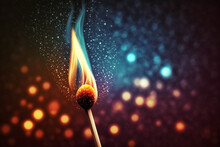 Burning Match On A Dark Background With Bokeh Effect.