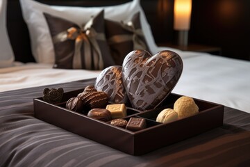 Poster - a beautifully made hotel bed with complimentary chocolates on the pillow