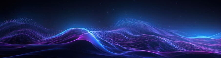 Blue Abstract Graphic particle Wave Background. Modern purple blue gradient flowing wave lines. Dark abstract background with glowing wave