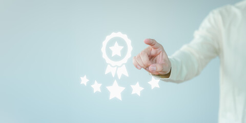 Poster - Male hand touch virtual screen on the best quality assurance with the star warranty icon. Assessment assurance of business service, guarantee, warranty, standard, certification, testimonial concept.