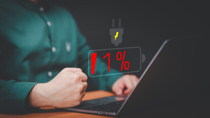 Poster - Laptop out of battery. Man is angry and frustrated when he learns that his laptop computer's battery is dead and did not bring the charger adapter. Concept of Technology and daily life.
